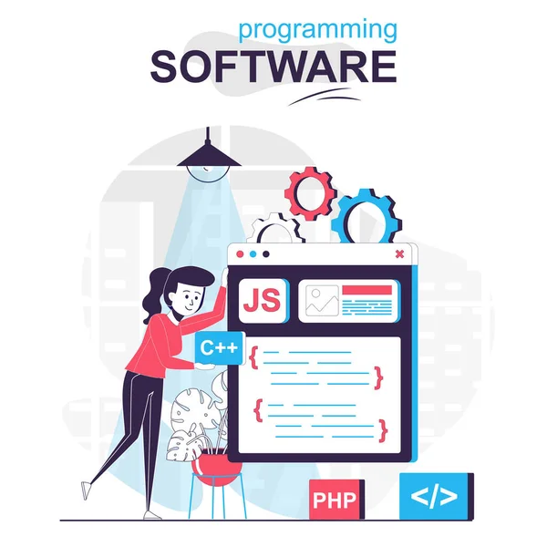 Programming software isolated cartoon concept. Programmer works on code, programs and tests, people scene in flat design. Vector illustration for blogging, website, mobile app, promotional materials. — Stock Vector