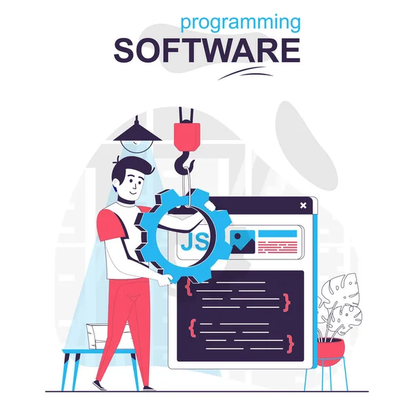 Programming software isolated cartoon concept. Programmer configures program, writes code, people scene in flat design. Vector illustration for blogging, website, mobile app, promotional materials. — Stock Vector