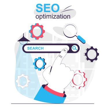 Seo optimizasyonu karikatür konsepti. Arama motoru kurulumu, strateji sitesinin tanıtımı, insanların düz dizayn sahneleri. Blogculuk, web sitesi, mobil uygulama, tanıtım materyalleri için vektör illüstrasyonu.
