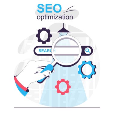 Seo optimizasyonu karikatür konsepti. Site konumları, artan trafik, düz dizaynlı insanlar. Blogculuk, web sitesi, mobil uygulama, tanıtım materyalleri için vektör illüstrasyonu.