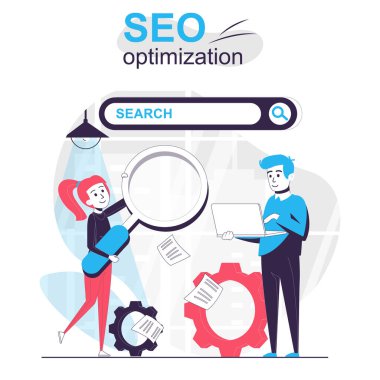 Seo optimizasyonu karikatür konsepti. Ekip çalışanları arama motoru kuruyor, insanlar düz dizayn yapıyor. Blogculuk, web sitesi, mobil uygulama, tanıtım materyalleri için vektör illüstrasyonu.
