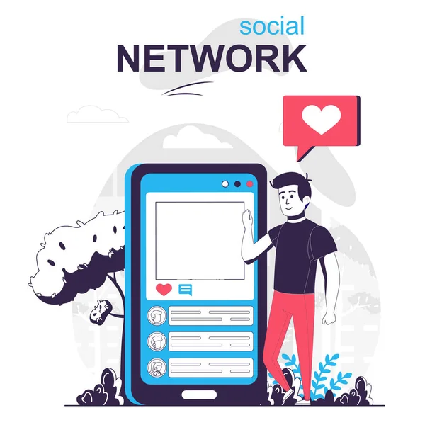 Social network isolato concetto di cartone animato. L'uomo utilizza i social media, le chat nelle applicazioni mobili, la scena delle persone in design piatto. Illustrazione vettoriale per blogging, sito web, app mobile, materiale promozionale. — Vettoriale Stock