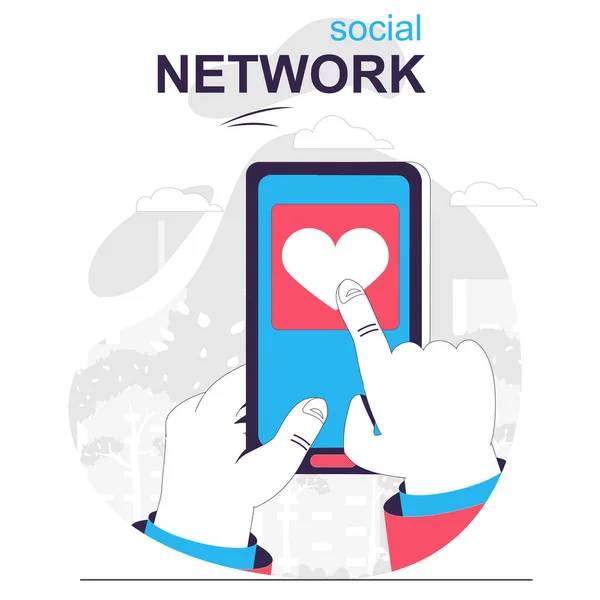 Social network isolato concetto di cartone animato. Comunicazione online, post e like in app mobile, scene di persone in design piatto. Illustrazione vettoriale per blogging, sito web, app mobile, materiale promozionale. — Vettoriale Stock