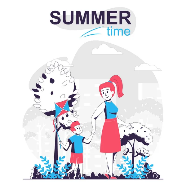 Summertime activiteit geïsoleerde cartoon concept. Moeder en zoon lopen samen in het park, mensen taferelen in plat design. Vector illustratie voor bloggen, website, mobiele app, promotiemateriaal. — Stockvector