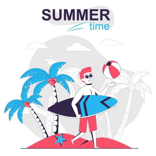 Summertime activiteit geïsoleerde cartoon concept. Man surfer rustend op het strand op vakantie, mensen scène in plat ontwerp. Vector illustratie voor bloggen, website, mobiele app, promotiemateriaal. — Stockvector