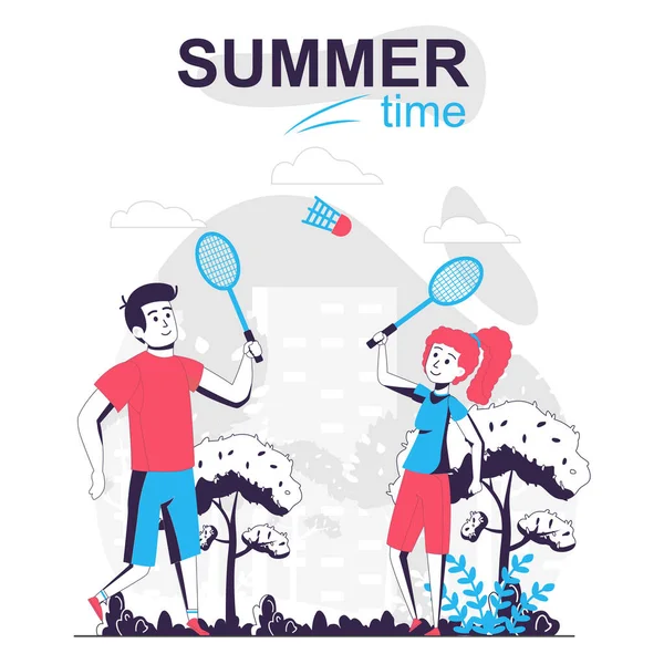 Summertime activiteit geïsoleerde cartoon concept. Man en vrouw tennissen in het stadspark, mensen scoren in plat design. Vector illustratie voor bloggen, website, mobiele app, promotiemateriaal. — Stockvector