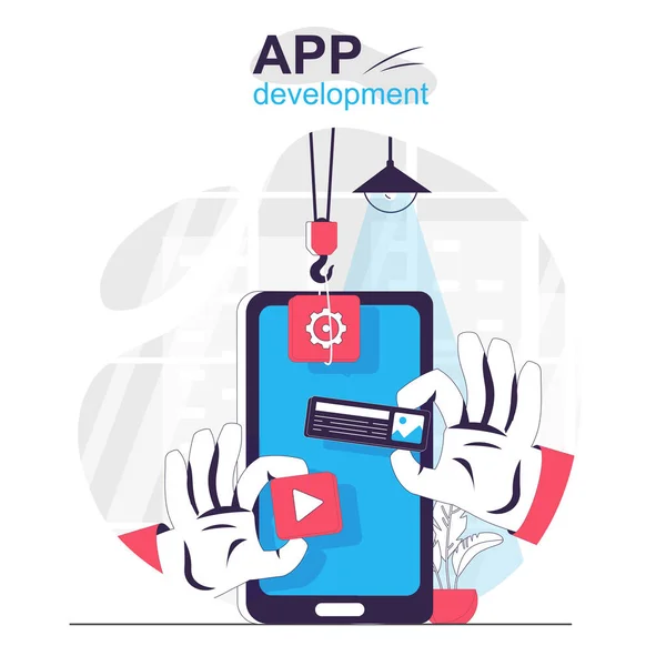 Sviluppo di app isolato concetto di cartone animato. Designer crea un'applicazione mobile interfaccia, le persone scena in design piatto. Illustrazione vettoriale per blogging, sito web, app mobile, materiale promozionale. — Vettoriale Stock