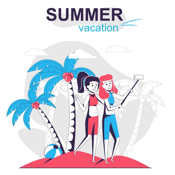 Zomervakantie geïsoleerd cartoon concept. Gelukkige vrouwen nemen selfie op zee strand, rusten mensen scène in plat ontwerp. Vector illustratie voor bloggen, website, mobiele app, promotiemateriaal. — Stockvector