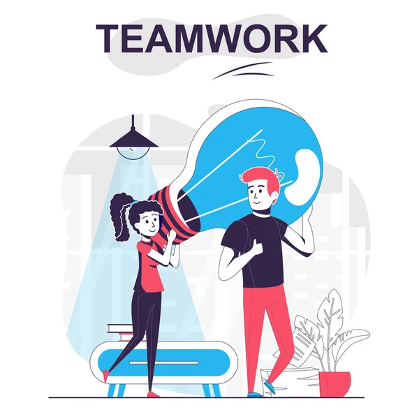 Teamwork isolated cartoon concept. Man and woman coming up with ideas, brainstorming together people scene in flat design. Vector illustration for blogging, website, mobile app, promotional materials. — Stock Vector
