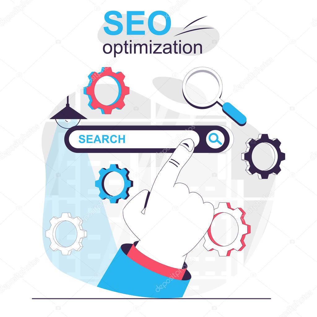 Seo optimization isolated cartoon concept. Setting up search engine, strategy site promotion, people scene in flat design. Vector illustration for blogging, website, mobile app, promotional materials.