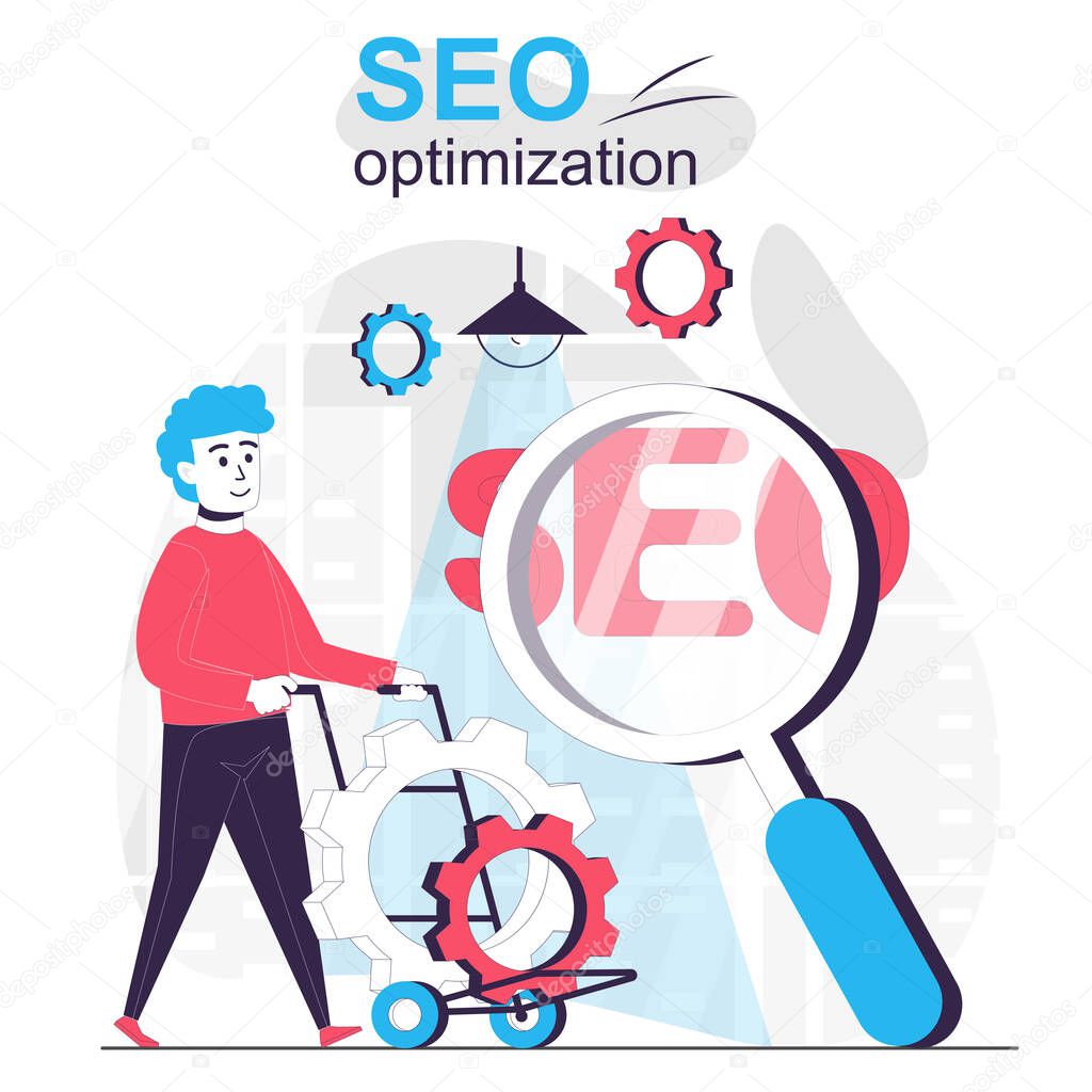Seo optimization isolated cartoon concept. Man setting to improve site ranking for search, people scene in flat design. Vector illustration for blogging, website, mobile app, promotional materials.