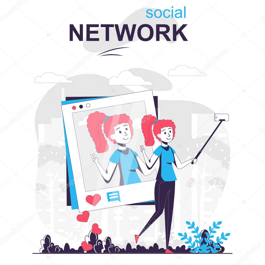 Social network isolated cartoon concept. Woman takes selfie and posts on personal blog, people scene in flat design. Vector illustration for blogging, website, mobile app, promotional materials.