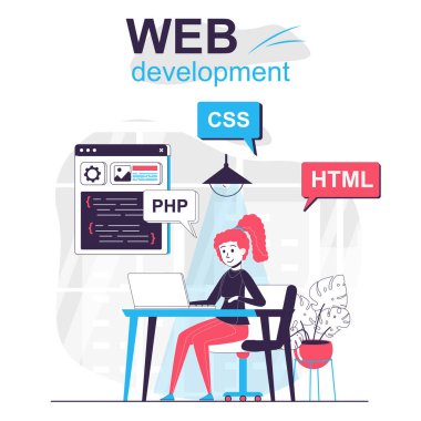 Web geliştirme karikatür konsepti. Ofisteki html dilindeki geliştirici programlar, düz dizayndaki insanlar. Blogculuk, web sitesi, mobil uygulama, tanıtım materyalleri için vektör illüstrasyonu.