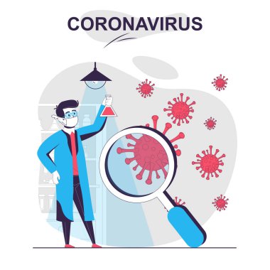 Coronavirus karikatür konseptini izole etti. Bilim adamı virüsü laboratuvarda inceliyor, ilaç yapıyor, insanlar düz tasarımda sahne alıyor. Bloglama, web sitesi, mobil uygulama, mobil site için vektör illüstrasyonu.