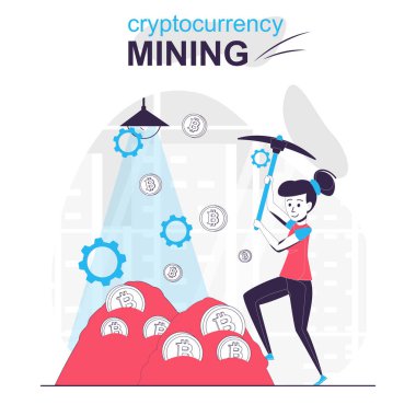 Kripto para madenciliği karikatür konsepti. Bitcoin ve şifreli para kazanan bir kadın, insanlar düz tasarımda sahne alıyor. Blogculuk, web sitesi, mobil uygulama, tanıtım materyalleri için vektör illüstrasyonu.