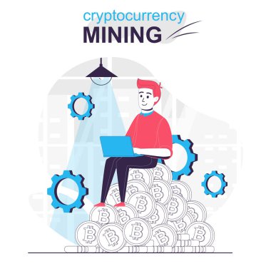 Kripto para madenciliği karikatür konsepti. Adam şifreli işlerde dijital para kazanıyor, insanlar düz tasarımda sahne alıyor. Blogculuk, web sitesi, mobil uygulama, tanıtım materyalleri için vektör illüstrasyonu.