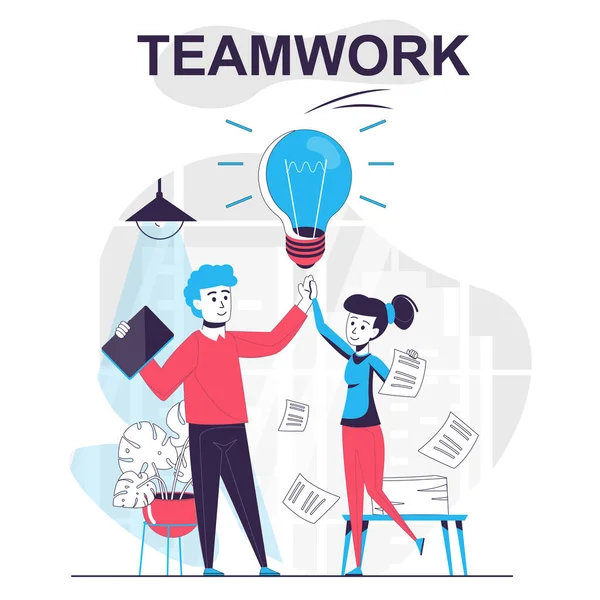 Teamwork isolated cartoon concept. Brainstorming staff and successful collaboration, office people scene in flat design. Vector illustration for blogging, website, mobile app, promotional materials. — Stock Vector