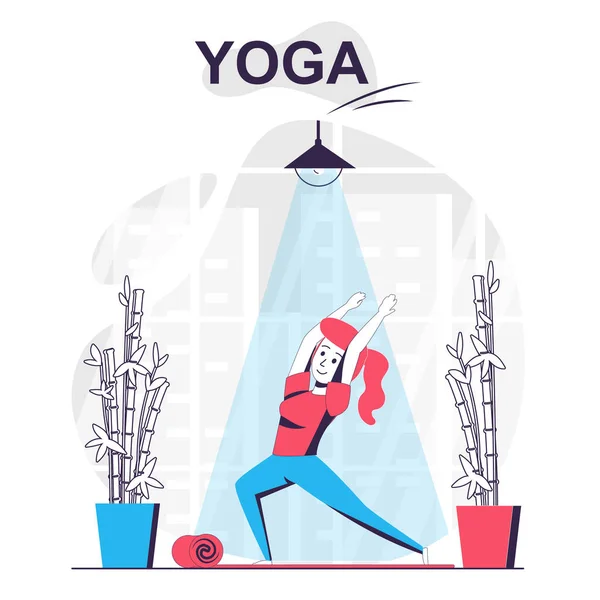 Yoga formazione isolato concetto cartone animato. Donna che pratica asana, facendo esercizi di equilibrio, scene di persone in design piatto. Illustrazione vettoriale per blogging, sito web, app mobile, materiale promozionale. — Vettoriale Stock