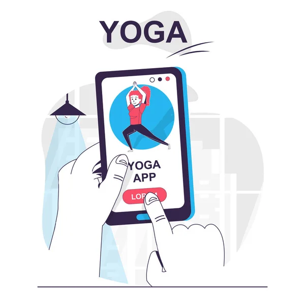 Yoga formazione isolato concetto cartone animato. Esercizi sportivi con asana yoga in app mobile, scene di persone in design piatto. Illustrazione vettoriale per blogging, sito web, app mobile, materiale promozionale. — Vettoriale Stock