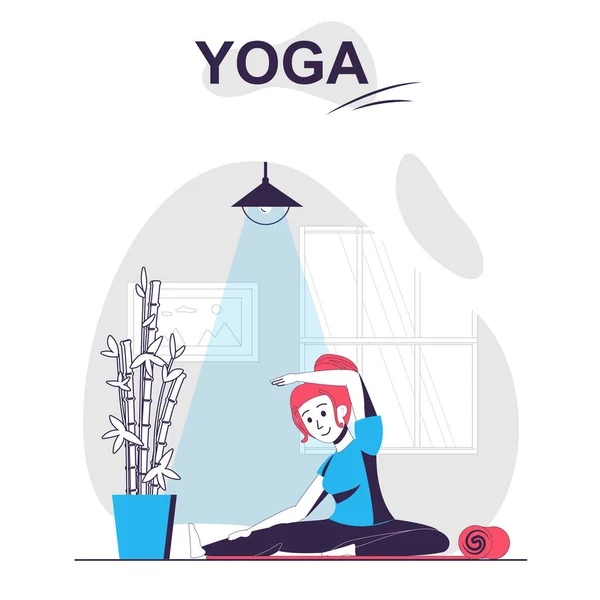 Yoga formazione isolato concetto cartone animato. Donna che fa esercizi e pratica asana in palestra, la gente scena in design piatto. Illustrazione vettoriale per blogging, sito web, app mobile, materiale promozionale. — Vettoriale Stock