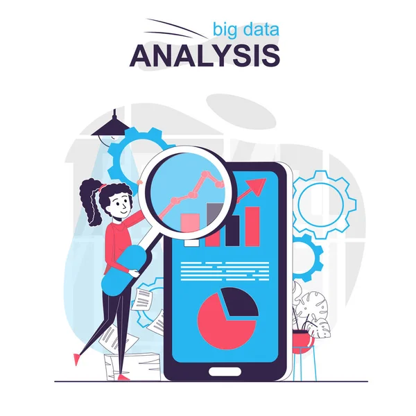 Büyük veri analizi karikatür kavramını izole etti. Kadın mobil uygulamalardaki iş istatistiklerini analiz ediyor, insanlar düz tasarımda sahne alıyor. Blogculuk, web sitesi, mobil uygulama, tanıtım materyalleri için vektör illüstrasyonu. — Stok Vektör