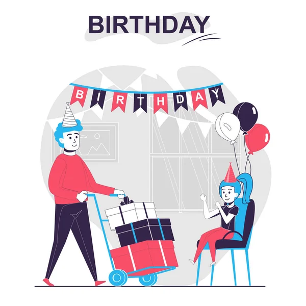 Concepto de dibujos animados aislados cumpleaños. Padre felicita hija y da muchos regalos, fiesta escena de la gente en el diseño plano. Ilustración vectorial para blogging, sitio web, aplicación móvil, materiales promocionales — Archivo Imágenes Vectoriales