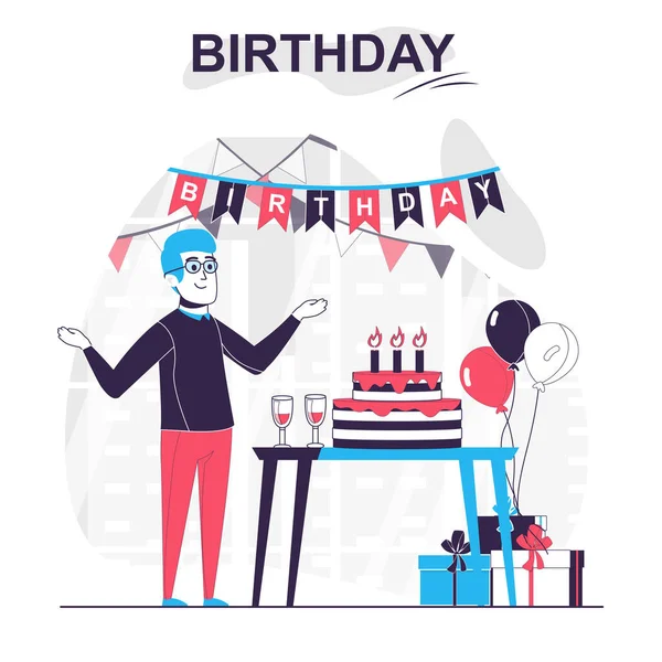 Concepto de dibujos animados aislados cumpleaños. Hombre celebrando en fiesta con pastel, regalos y decoración, escena de personas en diseño plano. Ilustración vectorial para blogging, sitio web, aplicación móvil, materiales promocionales. — Archivo Imágenes Vectoriales