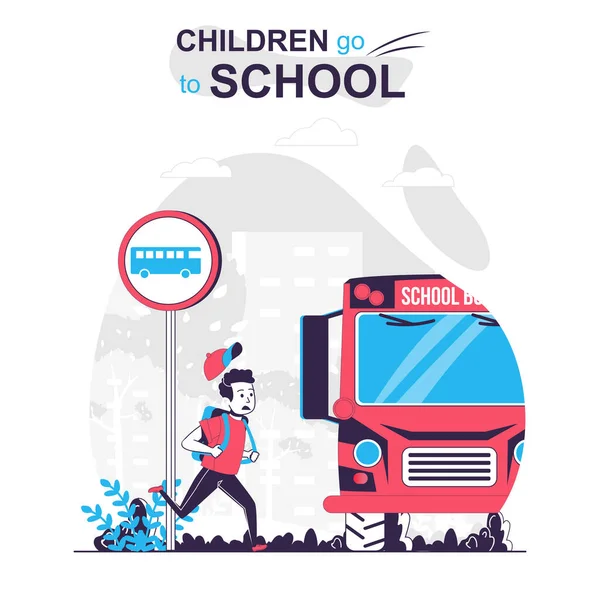 Дети ходят в школу изолированной концепции мультфильма. Мальчик спешит в школьный автобус поздно на уроки, люди сцена в плоском дизайне. Векторная иллюстрация для блогов, веб-сайта, мобильного приложения, рекламных материалов. — стоковый вектор
