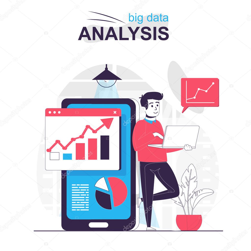 Big data analysis isolated cartoon concept. Man analyzes charts in mobile application, people scene in flat design. Vector illustration for blogging, website, mobile app, promotional materials.