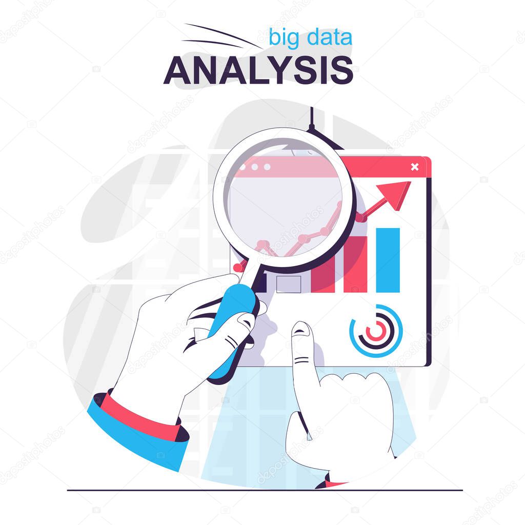 Big data analysis isolated cartoon concept. Financial statistics research and business data, people scene in flat design. Vector illustration for blogging, website, mobile app, promotional materials.