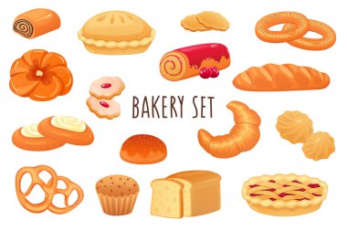 Fırın simgesi gerçekçi 3D tasarım ile ayarlandı. Bir demet tatlı ekmek, turta, kurabiye, kek, kruvasan, taze ekmek, çörek ve diğer şeyler. Yemek menüsü koleksiyonu. Vektör illüstrasyonu beyaz arkaplanda izole edildi