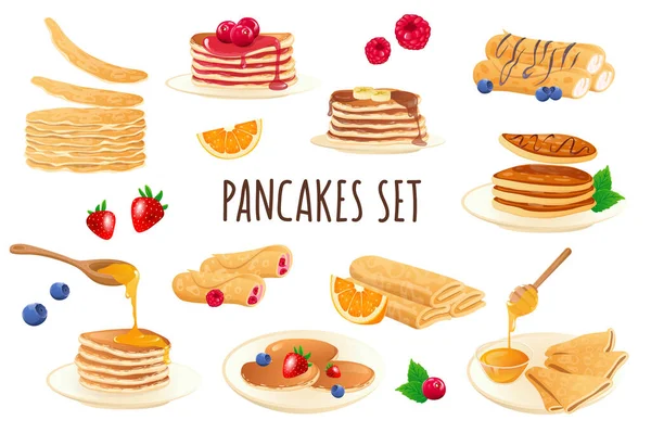 Pancakes icon set in realistic 3d design. Bundle of stacks of pancakes with different filling, berries, honey, chocolate and other. Cooking collection. Vector illustration isolated on white background — Stock Vector