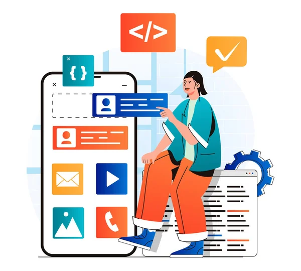 Koncepcja tworzenia aplikacji w nowoczesnym płaskim designie. Deweloper umieszcza przyciski w układzie aplikacji ekranu mobilnego. Kod programisty, tworzy ui design, ustawienia oprogramowania. Ilustracja wektora — Wektor stockowy