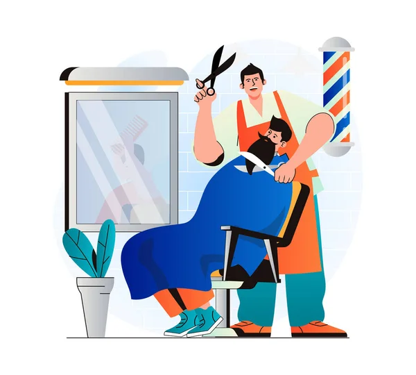 Barbershop-Konzept in modernem flachen Design. Friseur schneidet Kundenhaare und rasiert Bart im Männersalon. Mann sitzt am Stuhl. Professionelle Haarpflege und modische Frisur. Vektorillustration — Stockvektor