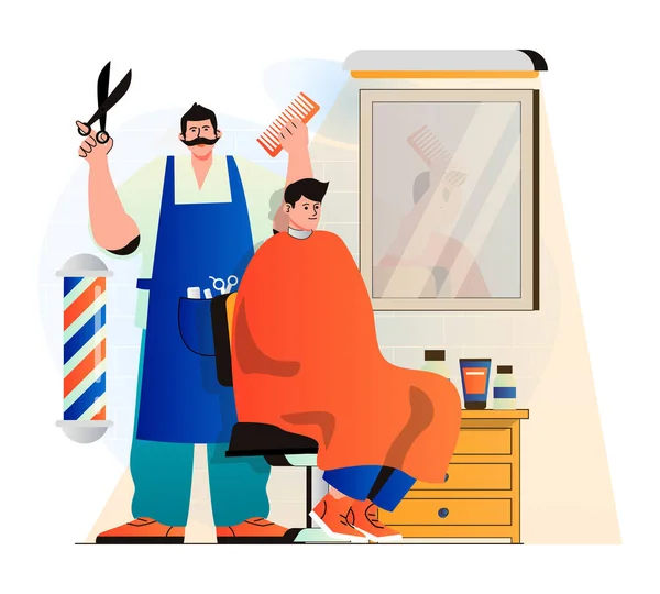 Barbershop-Konzept in modernem flachen Design. professionelle Friseur oder Friseur macht modische Frisur und Frisur für Kunden. Mann erhält Haarpflege im Männersalon. Vektorillustration — Stockvektor