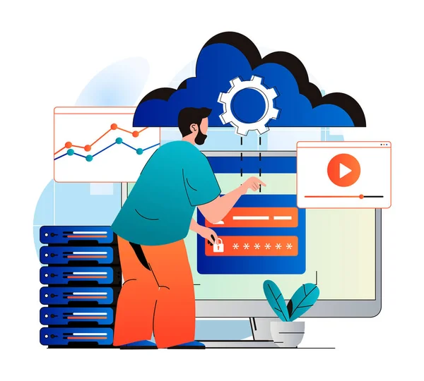 Cloud-Computing-Konzept in modernem flachen Design. Man-Benutzer erhält Zugriff auf Cloud-Speicher und lädt seine Inhalte auf Server hoch. Rechenzentrumsinfrastruktur, Service und technische Unterstützung. Vektorillustration — Stockvektor
