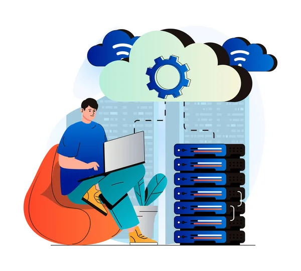 Concetto di cloud computing nel moderno design piatto. Man lavora al computer portatile e utilizza le tecnologie cloud. Connessione wireless, trasferimento di informazioni, archiviazione ed elaborazione dei dati, supporto tecnico. Illustrazione vettoriale — Vettoriale Stock