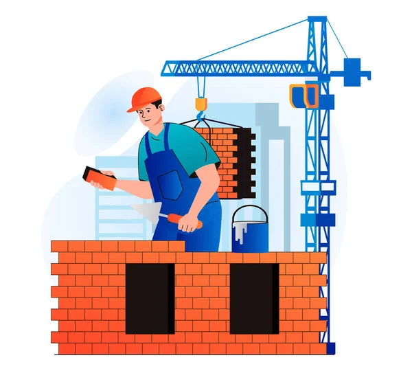 Concept d'ingénieur en construction dans le design plat moderne. Builder fait de la maçonnerie et construit un mur de maison. Maçon ou bricoleur travaillant sur chantier. Les affaires immobilières. Illustration vectorielle — Image vectorielle