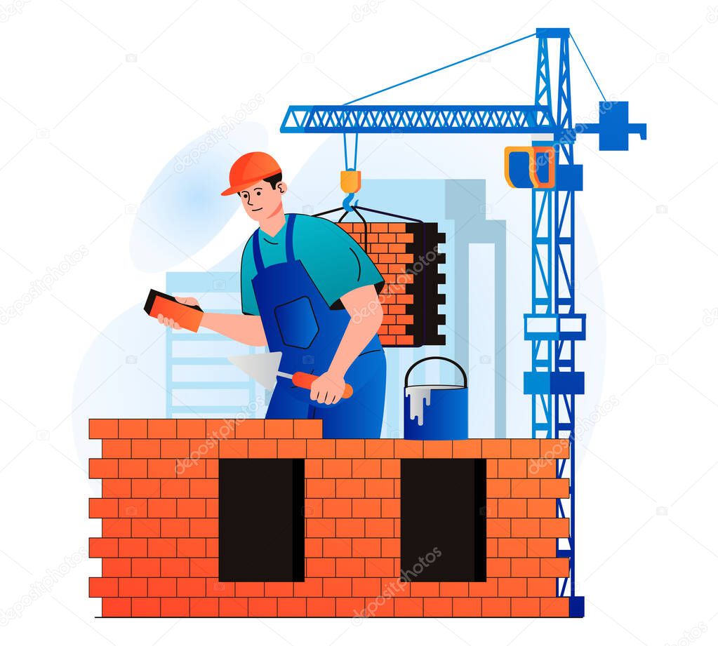 Construction engineer concept in modern flat design. Builder makes brickwork and builds wall of house. Bricklayer or handyman working on construction site. Real estate business. Vector illustration