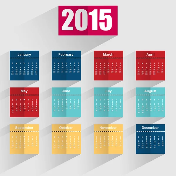 Flat simple 2015 calendar with shadows — Stock Vector