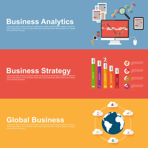 Platte ontwerpconcepten van wereldwijde business, bedrijfsstrategie en analytics — Stockvector