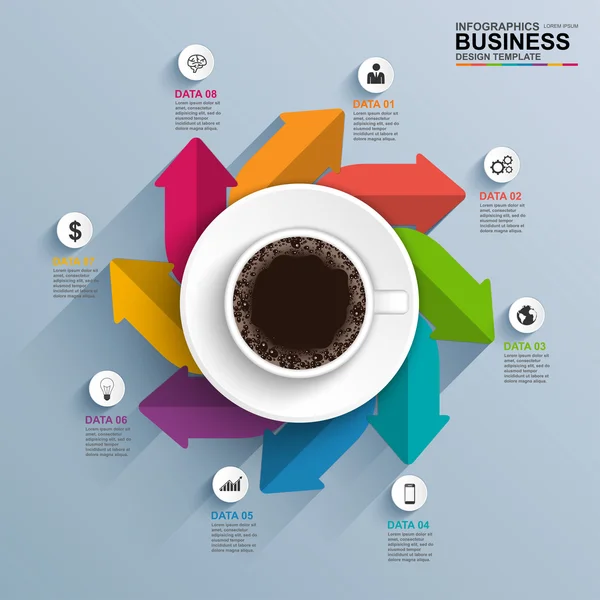 Flèches d'affaires numériques 3D abstraites Infographie avec tasse à café — Image vectorielle