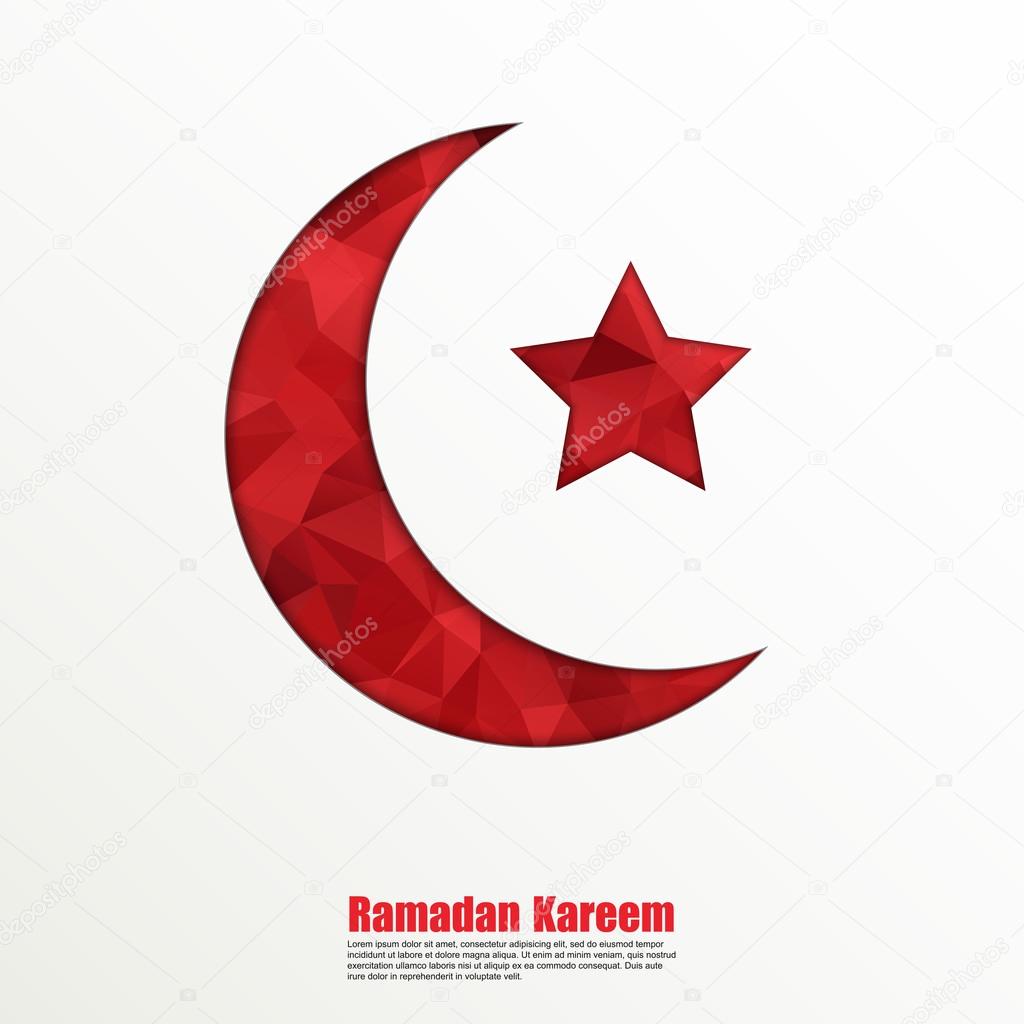 Geometric crescent moon and star on white background for holy month of muslim community Ramadan Kareem.