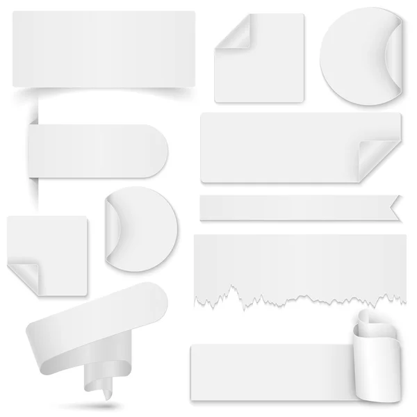 Conjunto de pegatinas y pancartas de papel blanco sobre fondo blanco — Vector de stock