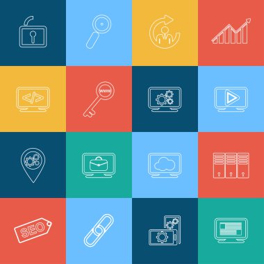 Grafik ve web tasarımı için düz tasarım stili kavramı anahat seo simgeler kümesi