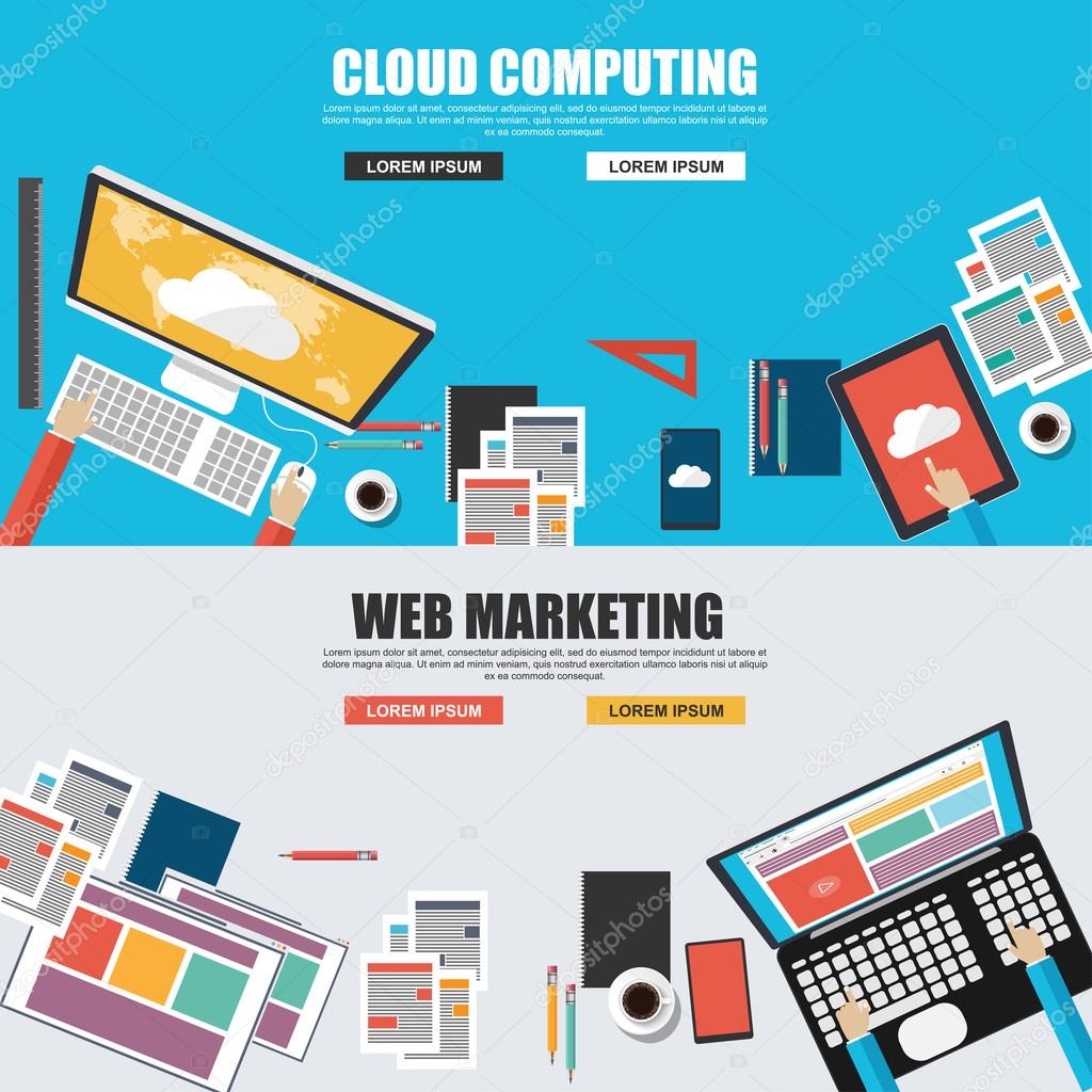 Flat design concepts for cloud computing and web marketing top view