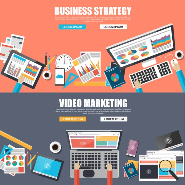 Conceptos de diseño plano para estrategia de negocio y video marketing — Archivo Imágenes Vectoriales