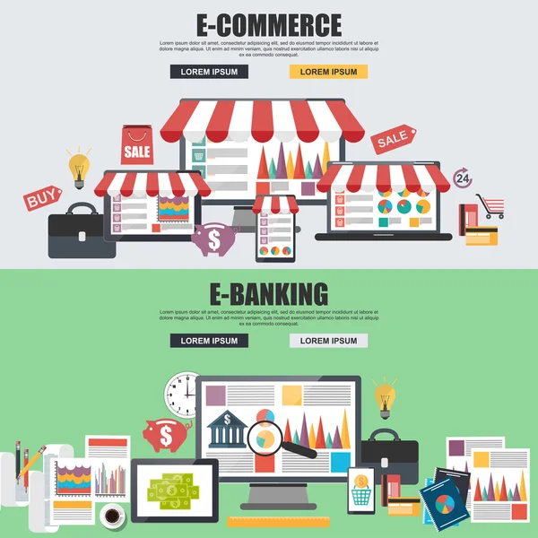 Lapos tervezési koncepciók, e-kereskedelem, e-shopping és e-banking — Stock Vector