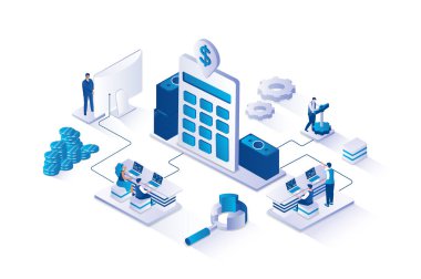 Accountant 3d isometric concept with isometry people design for web. Team inspecting finance, doing financial acconting and budget planning, profit calculation and balance report. Vector illustration.