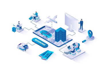 3 boyutlu izometrik konsept ile izometri insanlarının web için dizayn edilmesi. Gezginler uçak biletlerini arıyor ve ayırtıyor, online rezervasyon yaptırıyor, seyahat lojistiklerini planlıyorlar. Vektör illüstrasyonu.